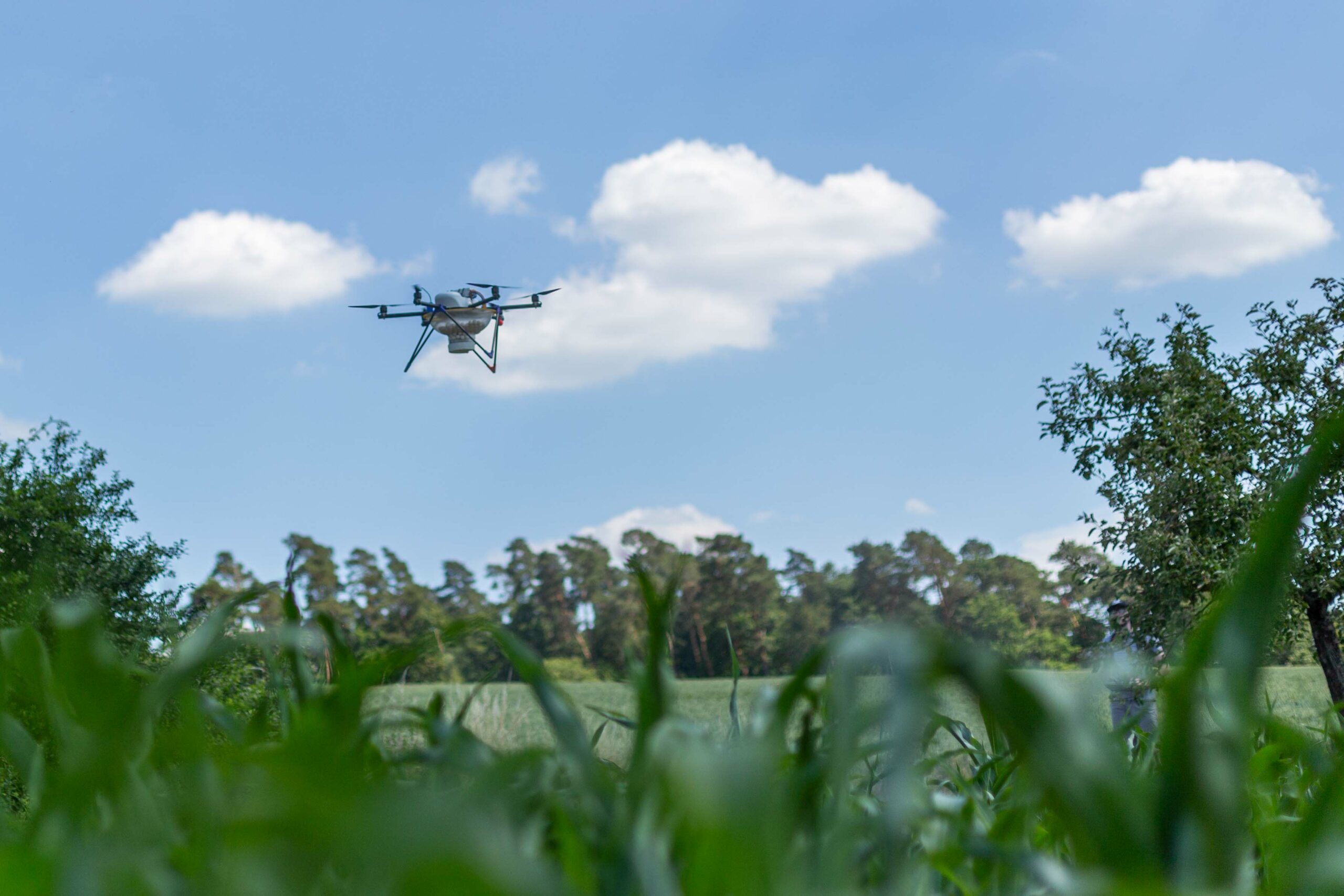 Drohne über Feld, Smartfarming