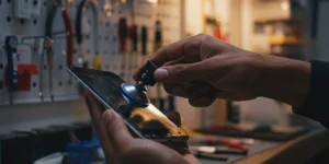 Nahaufnahme einer Person, die mithilfe eines Saugnapf-Werkzeugs das Display eines Smartphones in einer Werkstatt repariert. Im Hintergrund hängen verschiedene Werkzeuge an einer Lochwand, was auf eine professionelle Handyreparatur hinweist.