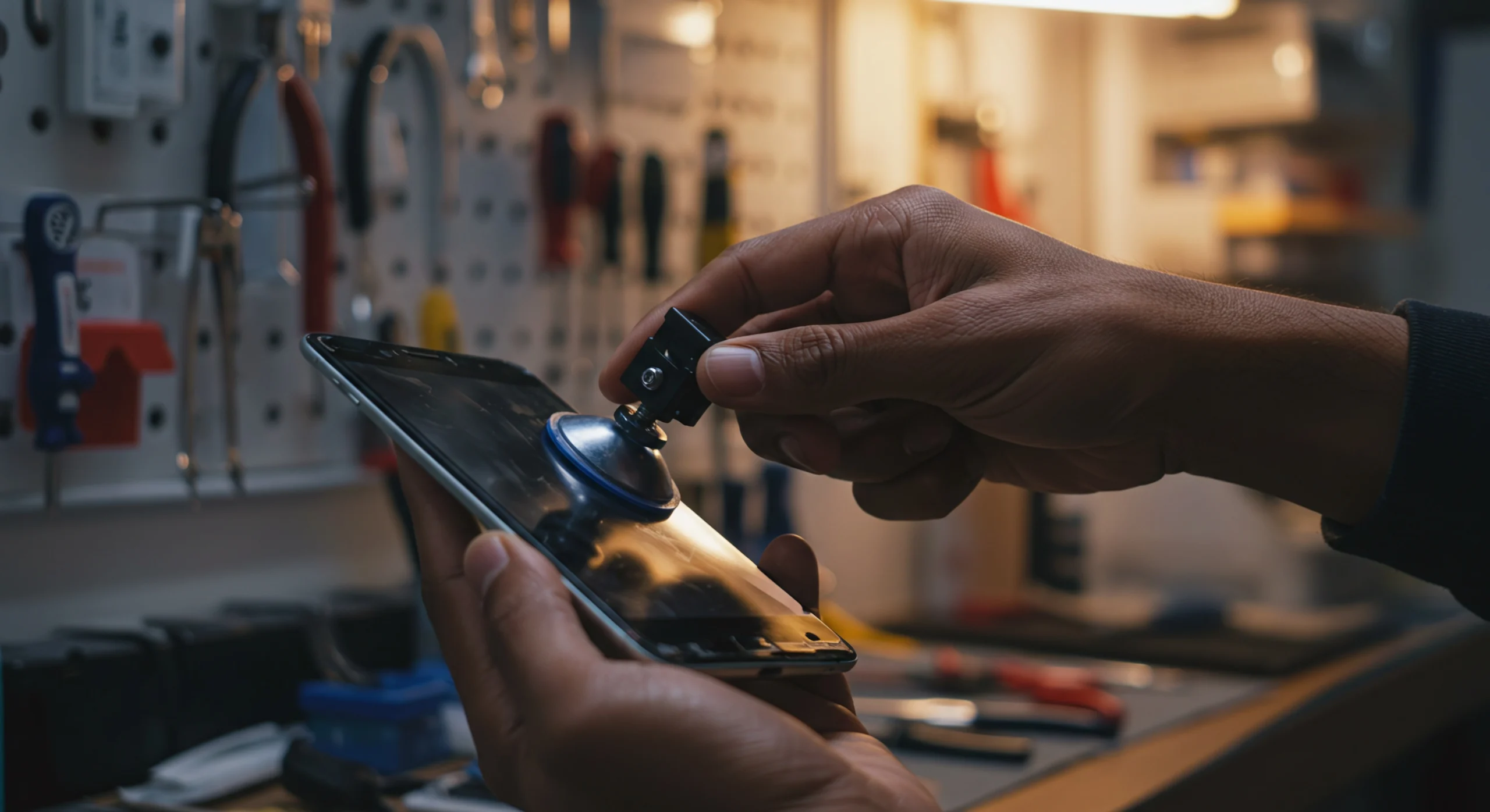 Nahaufnahme einer Person, die mithilfe eines Saugnapf-Werkzeugs das Display eines Smartphones in einer Werkstatt repariert. Im Hintergrund hängen verschiedene Werkzeuge an einer Lochwand, was auf eine professionelle Handyreparatur hinweist.