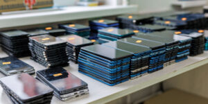 Große Menge gestapelter Smartphones auf einem Tisch in einem Techniklabor oder Reparaturbetrieb – gebrauchte und neue Mobilgeräte sorgfältig sortiert für Prüfung, Aufbereitung oder Verkauf.